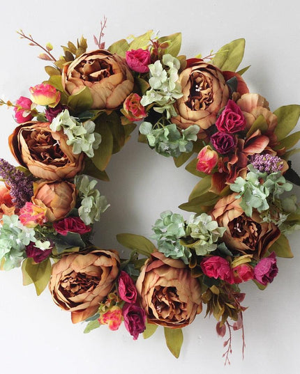 Elegant Peony Silk Flower Wreath with Rattan Accents - Perfect for Home Decor