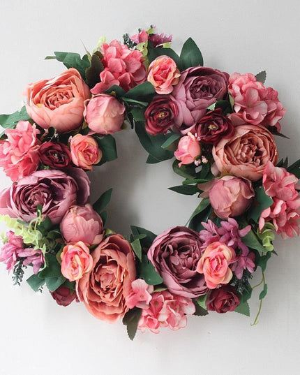 Elegant Peony Silk Flower Wreath with Rattan Accents - Perfect for Home Decor