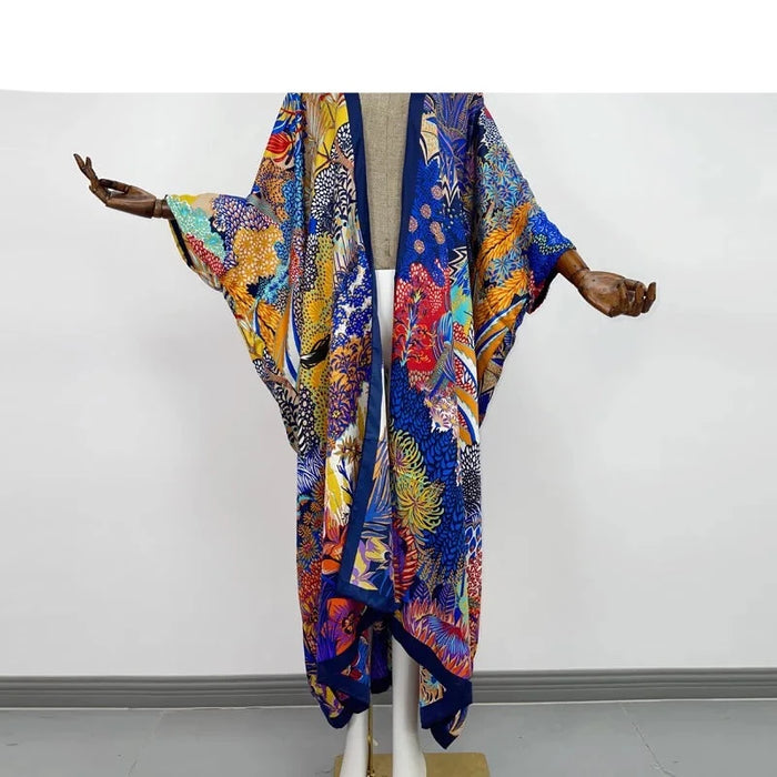 African Autumn Women Cardigan: Boho Maxi Silk Robe for Stylish Holiday &amp; Cocktail Looks