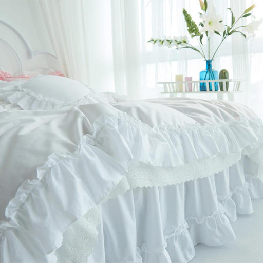 White Princess Wedding Bedding Bedspread Sets Luxury Solid Color Lace Ruffle Duvet Cover Bed Skirt Linen Pillowcases 100% Cotton-0-Très Elite-White-Bed Skirt Style-Full size 4pcs-Très Elite
