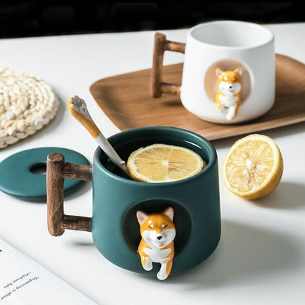 Charming Shiba Inu Akita Dog Ceramic Mug & Spoon Set - 420ml for Stylish Sipping