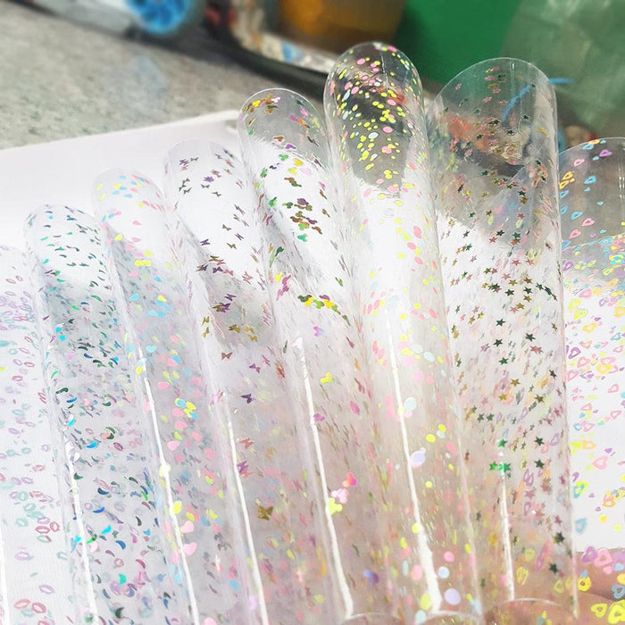 Glittering Transparent PVC Craft Sheets with Star and Heart Accents