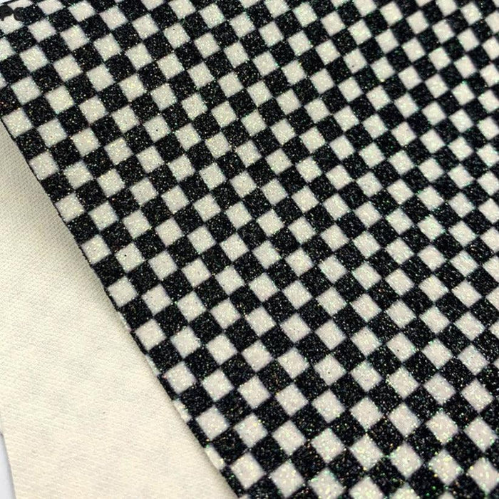 Black and White Plaid Sparkling Glitter Vinyl Leatherette Fabric