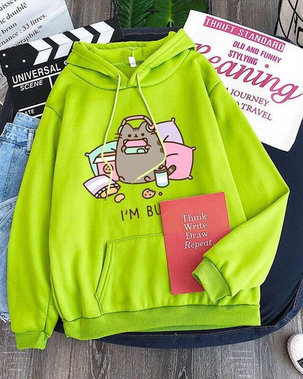 Charming Cat-Themed Fleece Pullover Hoodie for Cozy Spring and Autumn Days