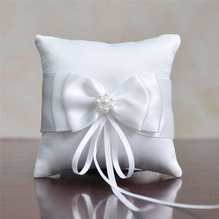 Romantic Double Bow Ribbon Pearls Ring Pillow - Wedding Ceremony Essential