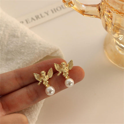 Delightful Gold Cupid Angel Stud Earrings - Elegant Women's Accessory