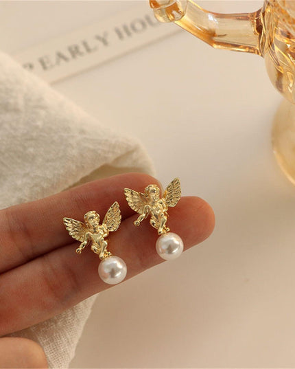 Delightful Gold Cupid Angel Stud Earrings - Elegant Women's Accessory