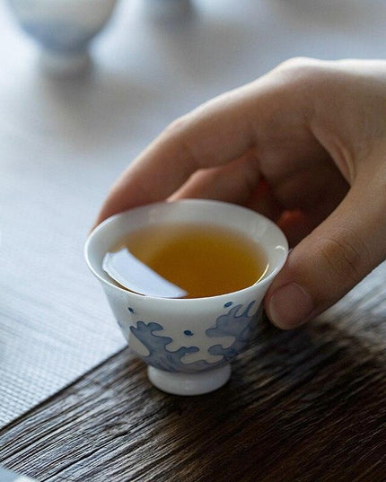 Artisanal Jade Porcelain Tea Cup Set with Ocean Wave Design - 50ml Each