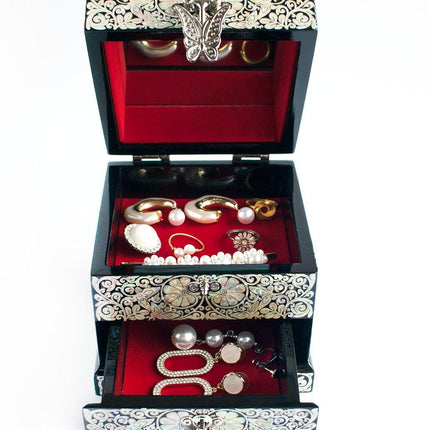 Crane Serenity: Dual-Layer Mother of Pearl Jewelry Organizer with Mirror