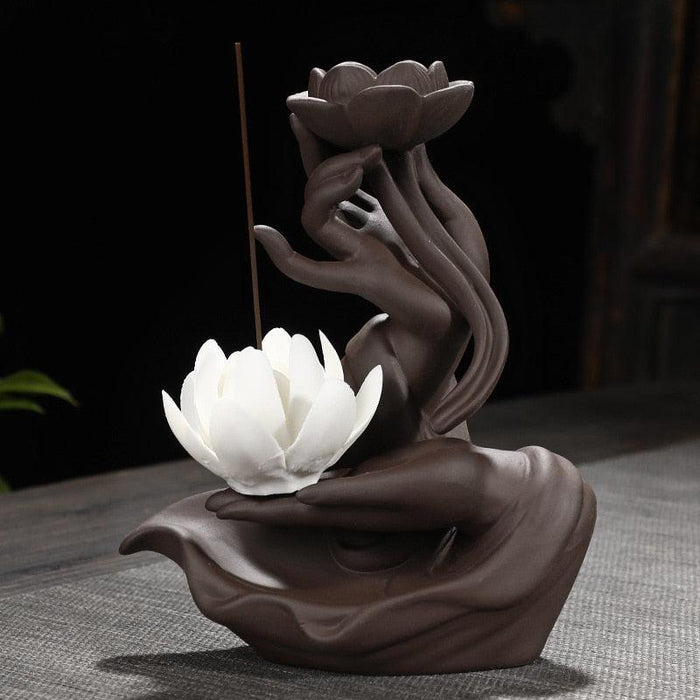 Blade Interleaving Buddha Hand Ceramic Backflow Incense Burner Set for Mindful Living - Tranquil Smoke Flow Ceramic Burner Kit for Serene Spaces