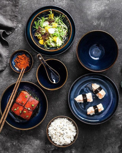 Sophisticated Blue Glazed Ceramic Dining Collection with Complementary Salad and Soup Bowls