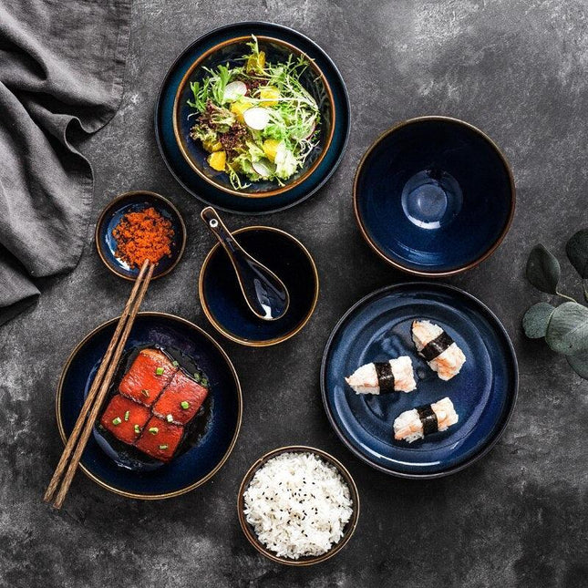 Sophisticated Blue Glazed Ceramic Dining Collection with Complementary Salad and Soup Bowls