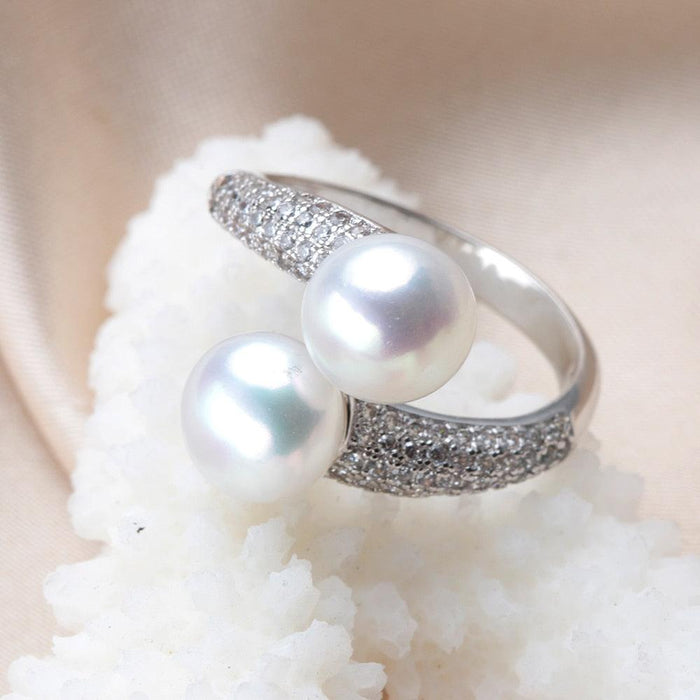 Elegant Double Pearl and Zircon Sterling Silver Ring - Sophisticated Beauty