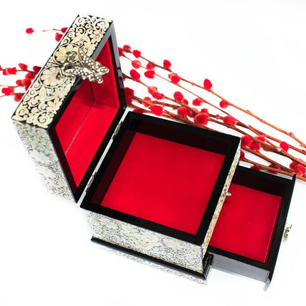 Crane Serenity: Dual-Layer Mother of Pearl Jewelry Organizer with Mirror