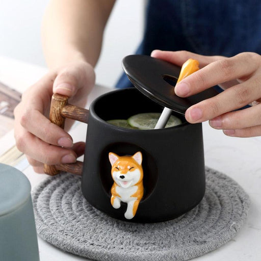 Sophisticated Shiba Inu Akita Dog Ceramic Mug and Spoon Set - 420ml Capacity for Stylish Sips