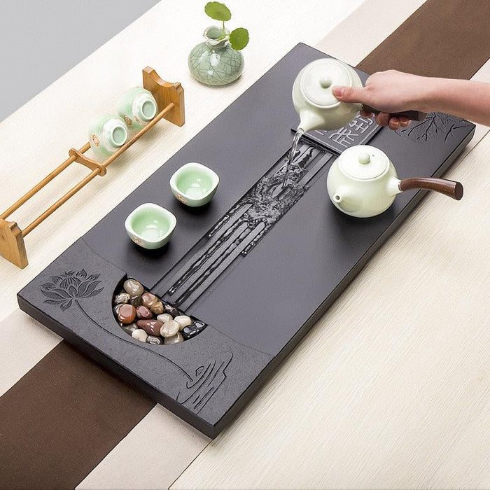Lotus Carved Stone Tea Tray Set - Elegant Kungfu Tea Essential with Efficient Water Drainage