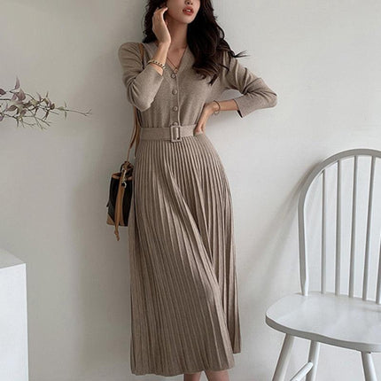 Elegant V-Neck Knit Sweater Dress with Belted Waist - Women's Winter Wardrobe Must-Have