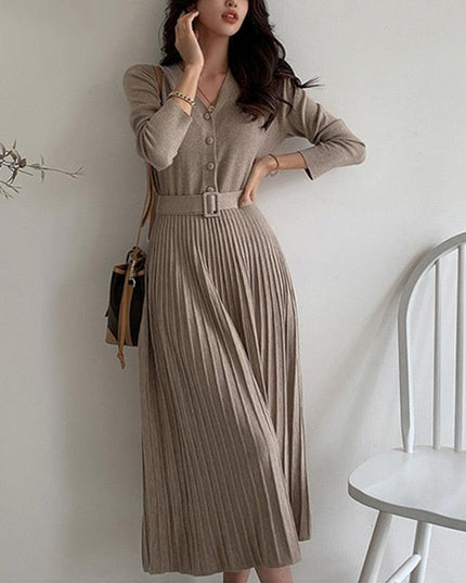 Elegant V-Neck Knit Sweater Dress with Belted Waist - Women's Winter Wardrobe Must-Have