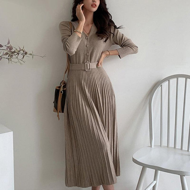 Elegant V-Neck Knit Sweater Dress with Belted Waist - Women's Winter Wardrobe Must-Have
