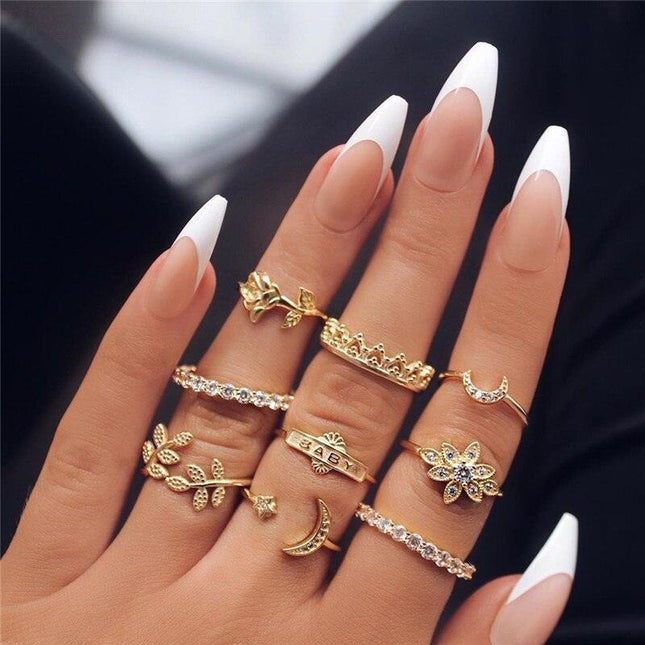 Charming 12-Piece Bohemian Gold Crystal Ring Set - Elegant Jewelry Collection for Women