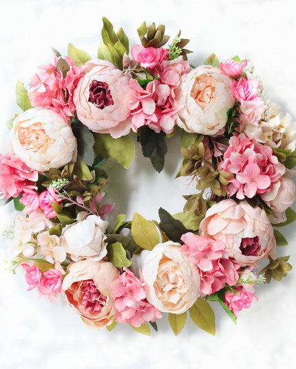 Elegant Peony Silk Flower Wreath with Rattan Accents - Perfect for Home Decor