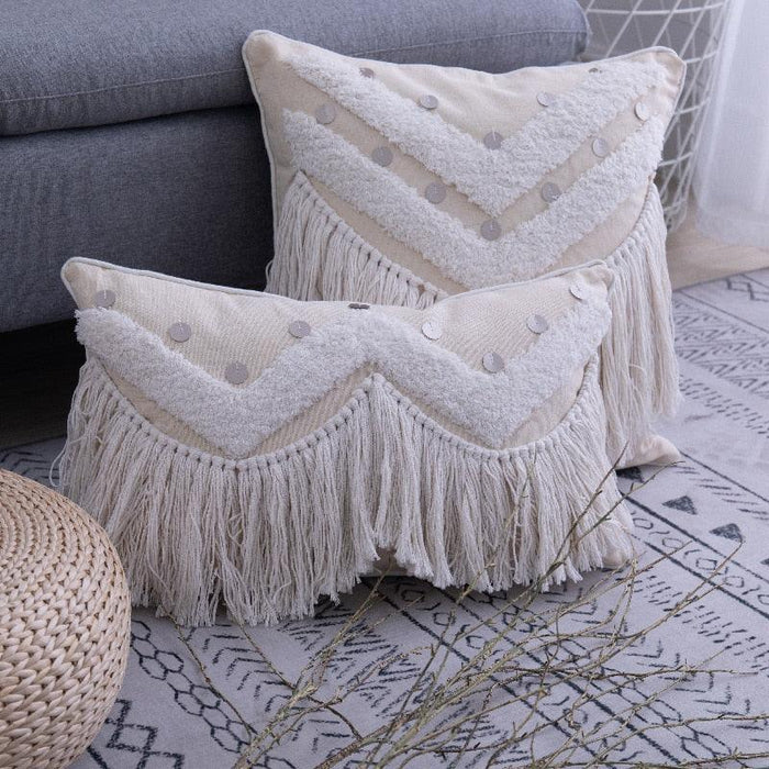 Beige Moroccan Diamond Textured Fringe Pillow Cover