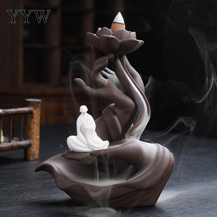 Buddha Hand Ceramic Backflow Incense Burner with Unique Blade Interleaving Design