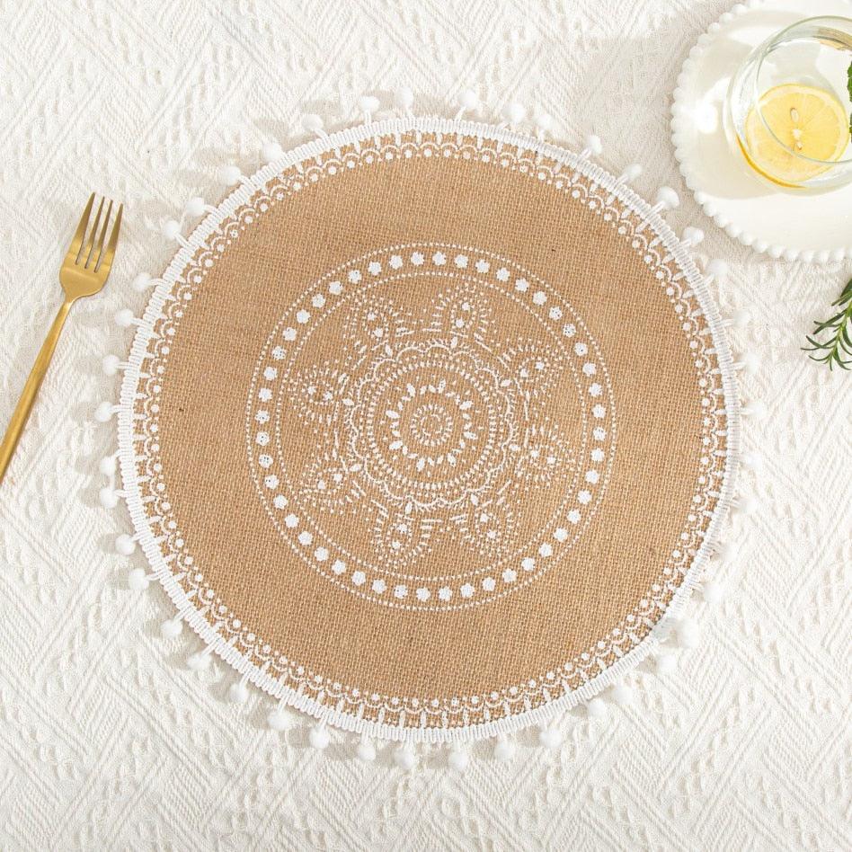 Round Embroidery Table Placemat Woven Cotton Placemat Coffee Cup Mats Tableware Coaster Kitchen Decoration-0-Très Elite-black1-Très Elite