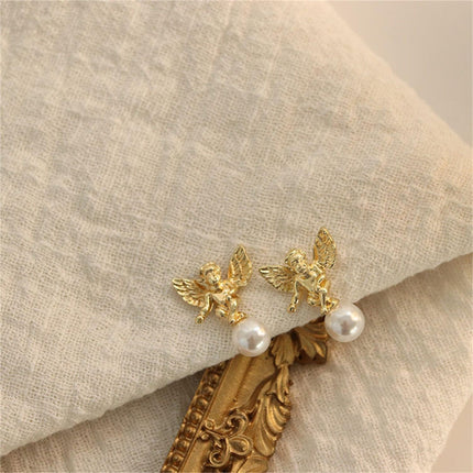 Delightful Gold Cupid Angel Stud Earrings - Elegant Women's Accessory