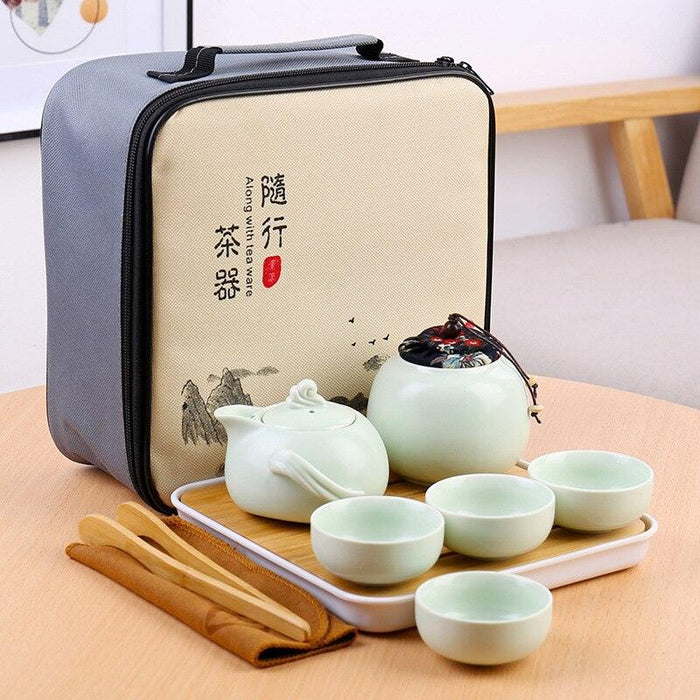 Elegant Ceramic and Metal Tea Ceremony Set with Artistic Tea Tray