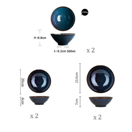Sophisticated Blue Glazed Ceramic Dining Collection with Complementary Salad and Soup Bowls