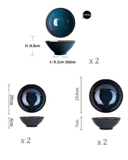 Sophisticated Blue Glazed Ceramic Dining Collection with Complementary Salad and Soup Bowls