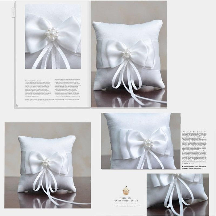 Romantic Double Bow Ribbon Pearls Ring Pillow - Wedding Ceremony Essential