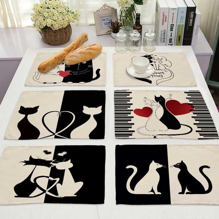 Black Cat Design Cotton Linen Placemats - Stylish Table Protector