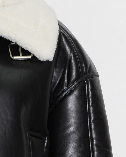 Sophisticated Color Block Jacket in Lambswool and Faux Leather: A Fusion of Elegance and Comfort