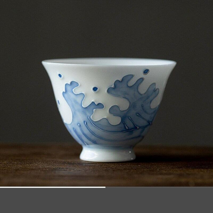 Handmade Engrave Sea Wave Art Sample Tea Cup Jade Porcelain Set of 2, 50ml each for Kung Fu Teaware Ceremony