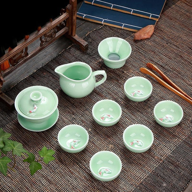 Artisan Fish-Themed Longquan Celadon Tea Set with Elegant Ceramic Kettle