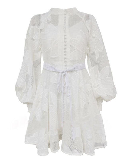 Elegant White Embroidered Patchwork Dress with Sophisticated Stand Collar for Women