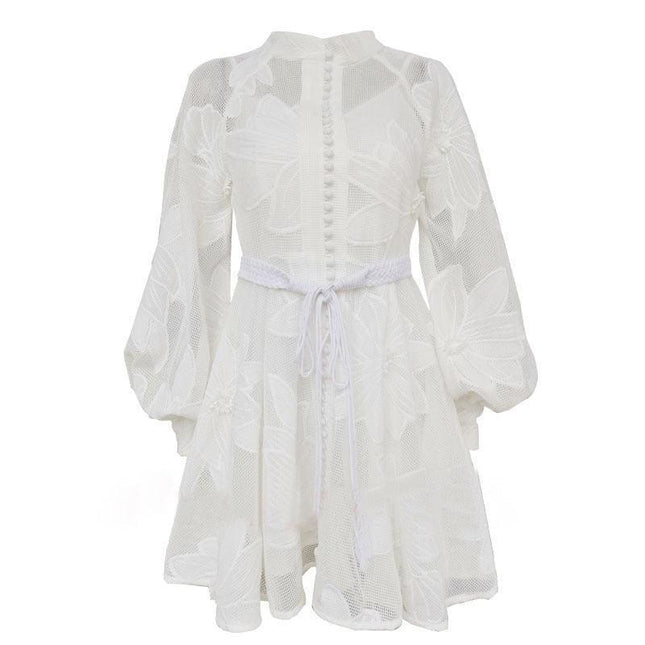 Elegant White Embroidered Patchwork Dress with Sophisticated Stand Collar for Women
