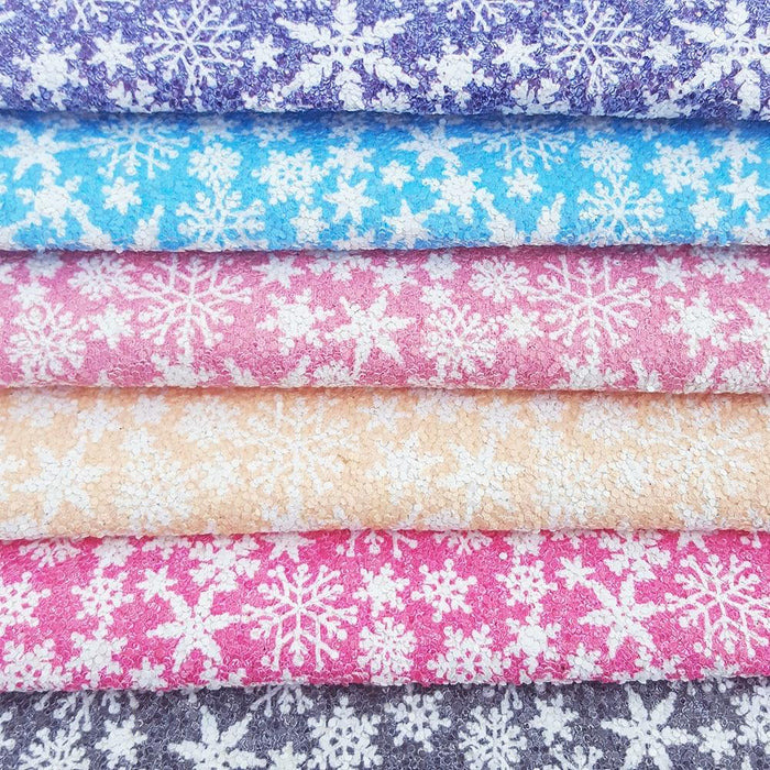 Festive Christmas Chunky Glitter Fabric Snow Print Faux Leather Sheets - Craft Supplies
