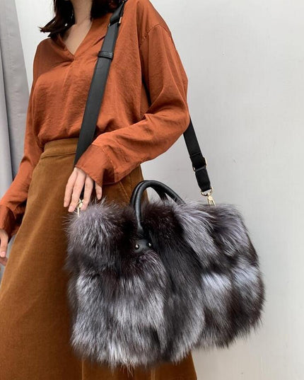 Elegant Silver Fox Fur and Cowhide Tote Bag - A Stylish Statement for Fashion-Forward Women