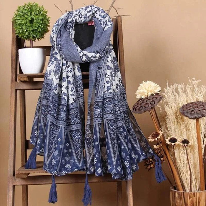 Luxurious Blue Porcelain Cashmere Blend Shawl - The Perfect Accessory for Any Occasion