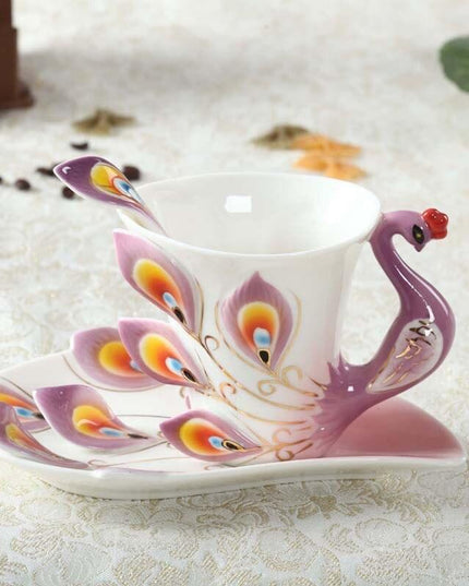 Exquisite 3D Peacock Design Handcrafted Ceramic Tea Mug Set - 200ml Drinkware Collection