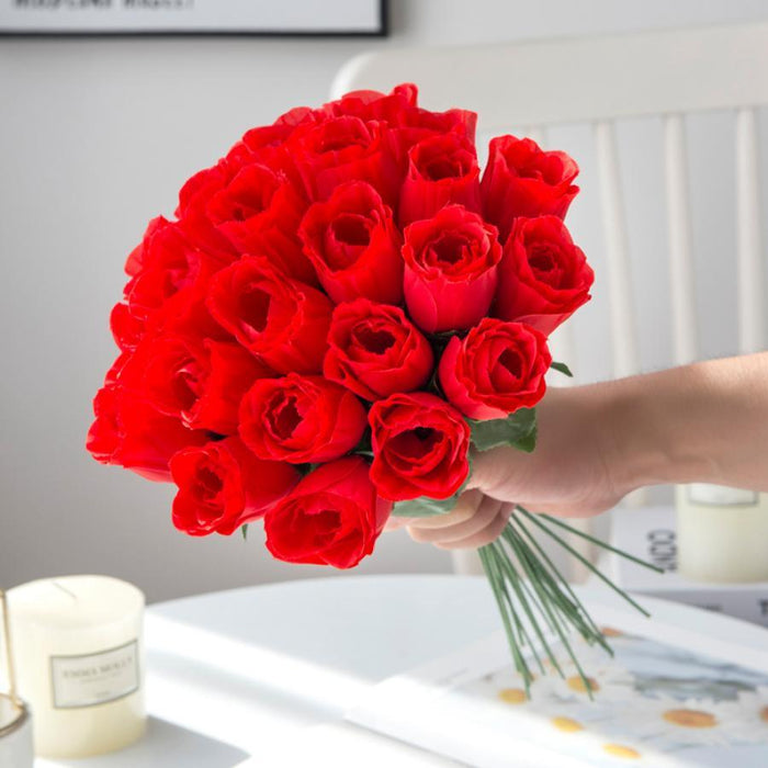Crimson Silk Rose Bouquet - Set of 10 Artificial Flowers for Home Decor and Events