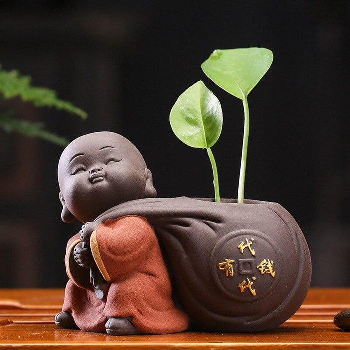 Tranquil Zen Tea Companion Set with Peaceful Buddha Statue, Monk Doll, and Mini Plant Pot