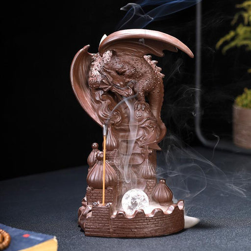 Dragon Design Purple Clay Ceramic Waterfall Incense Burner with 20 Pc Mixed Incense Cones