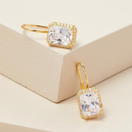 Elegant 14K Gold Plated Earrings with White Swarovski Emerald Cut Stones