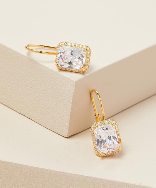 Elegant 14K Gold Plated Earrings with White Swarovski Emerald Cut Stones