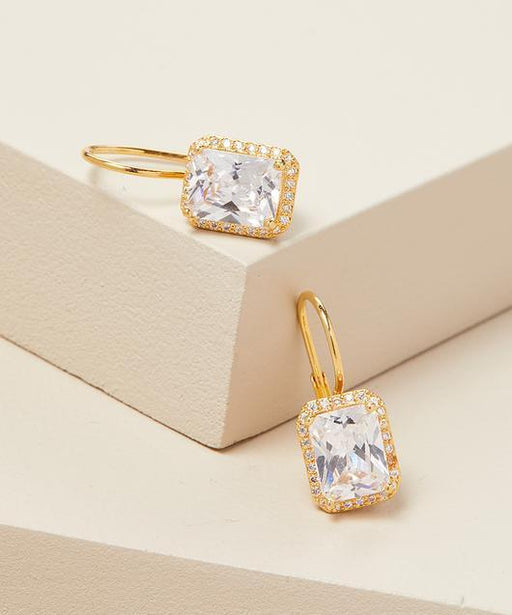 Elegant Swarovski Elements Leverback Earrings with Emerald Cut Stones in 14K Gold Plating