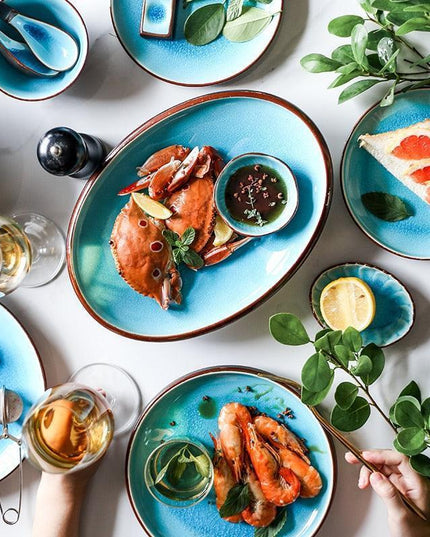 Stunning Blue Ice Cracking Glaze Ceramic Dinnerware - Set of 4 Plates